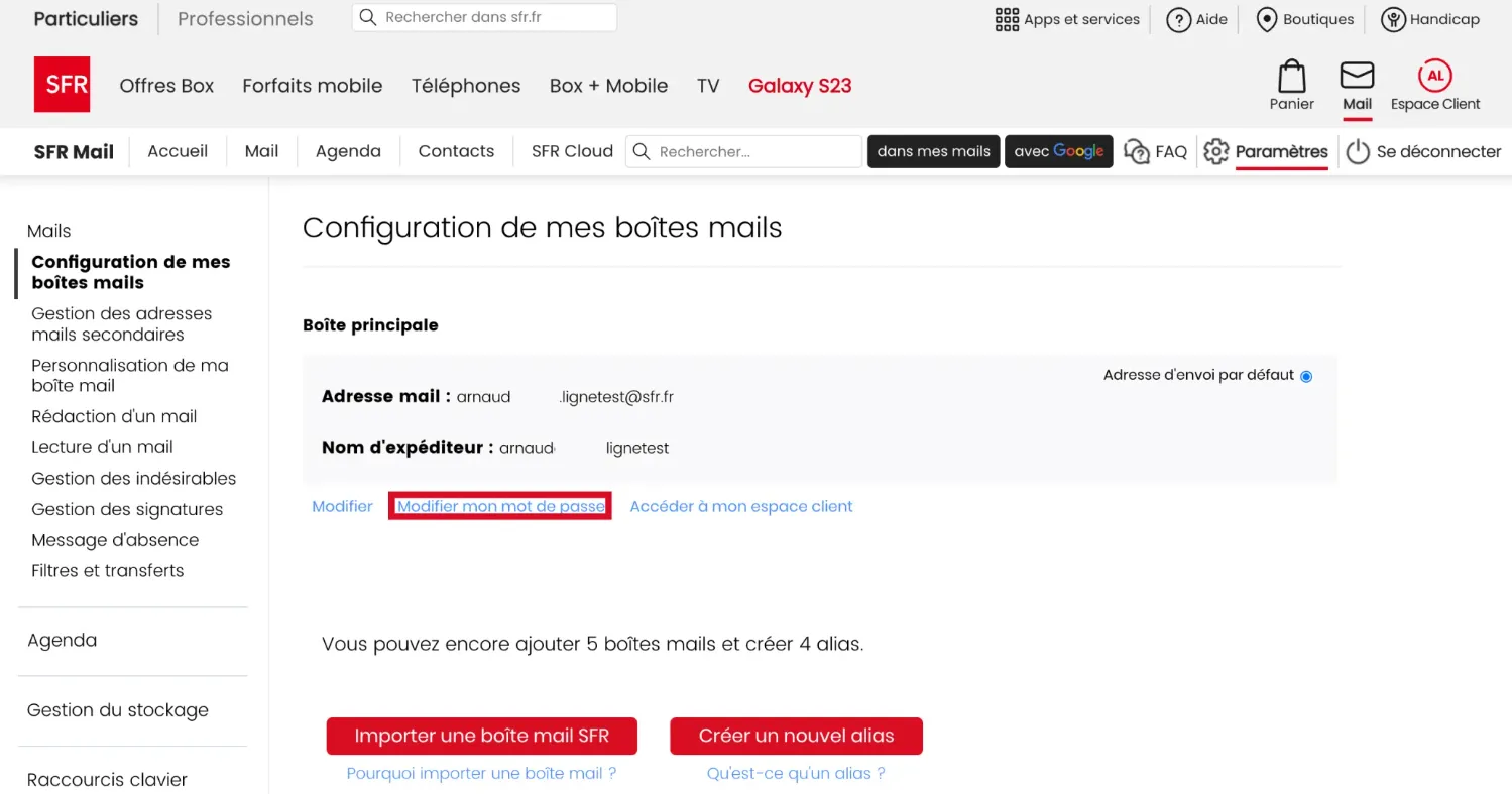 changer mot de passer sfr mail